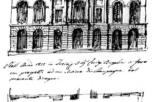 In alto si trova lo schizzo del prospetto della Villa La Spada firmato dal famoso architetto Giuseppe Valadier. Il disegno è caratterizzato da un partito centrale in antis, enfatizzato dalla presenza dell'ordine architettonico. In basso, c'è un disegno in pianta della composizione del porticato a piano terra con la scalinata centrale esterna.
