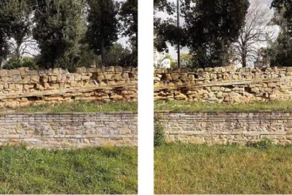 Le due foto accoppiate mostrano la stratificazione muraria dell'ambito del pomario.