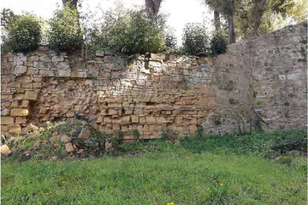 La foto mostra lo stato di conservazione delle mura nell'ambito del pomario interessato da un importante crollo di porzione di muratura