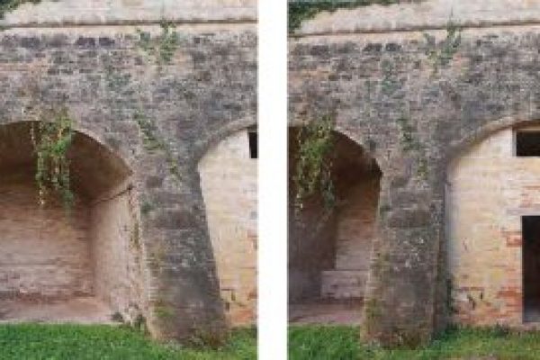 L'immagine mostra quattro foto scattate spostandosi lungo lo sviluppo delle sostruzioni del pomario mostrando la conformazione ad arcate.