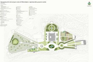 Il disegno mostra la sistemazione in planimetria del sistema del verde. Il progetto ripristina delle geometrie storiche del giardino a cui è affiancata una legenda delle essenze arboree usate.